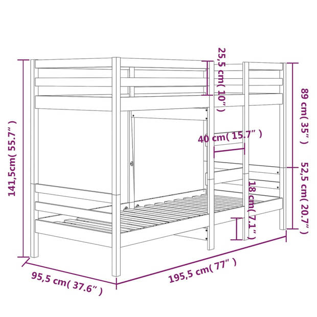 vidaXL Stapelbed massief grenenhout 90x190 cm