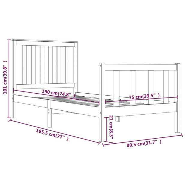 vidaXL Bedframe massief grenenhout zwart 75x190 cm