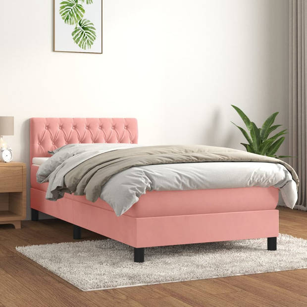 vidaXL Boxspring met matras fluweel roze 90x190 cm