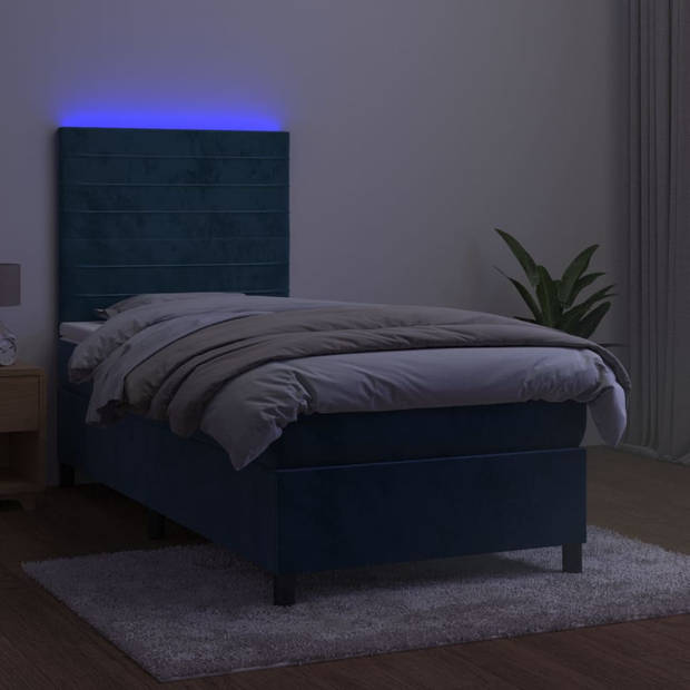 vidaXL Boxspring met matras en LED fluweel donkerblauw 90x190 cm