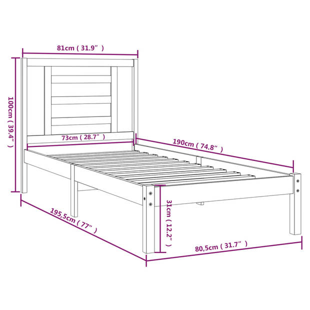 vidaXL Bedframe massief hout zwart 75x190 cm