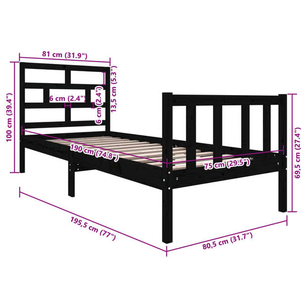 vidaXL Bedframe massief grenenhout zwart 75x190 cm