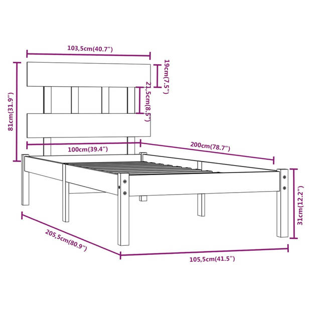 vidaXL Bedframe massief hout zwart 100x200 cm