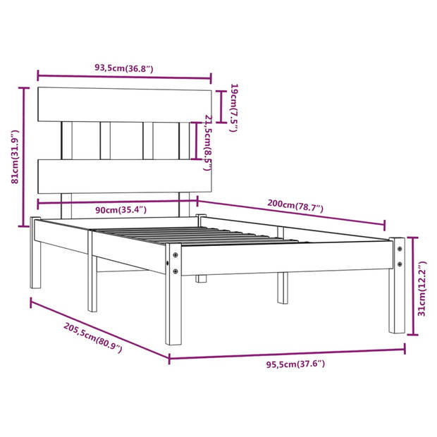 vidaXL Bedframe massief hout wit 90x200 cm