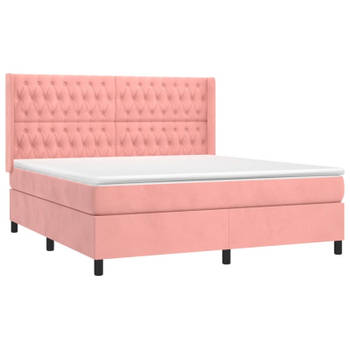 vidaXL Boxspring met matras en LED fluweel roze 160x200 cm