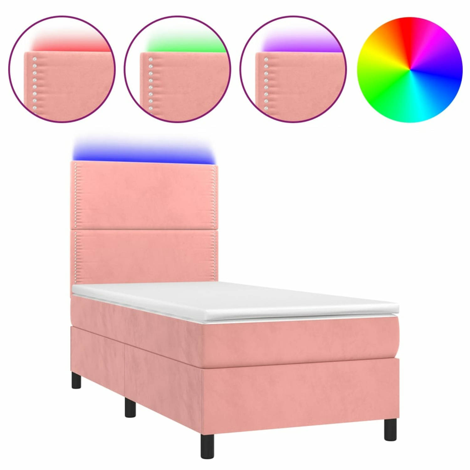 vidaXL-Boxspring-met-matras-en-LED-fluweel-roze-90x190-cm