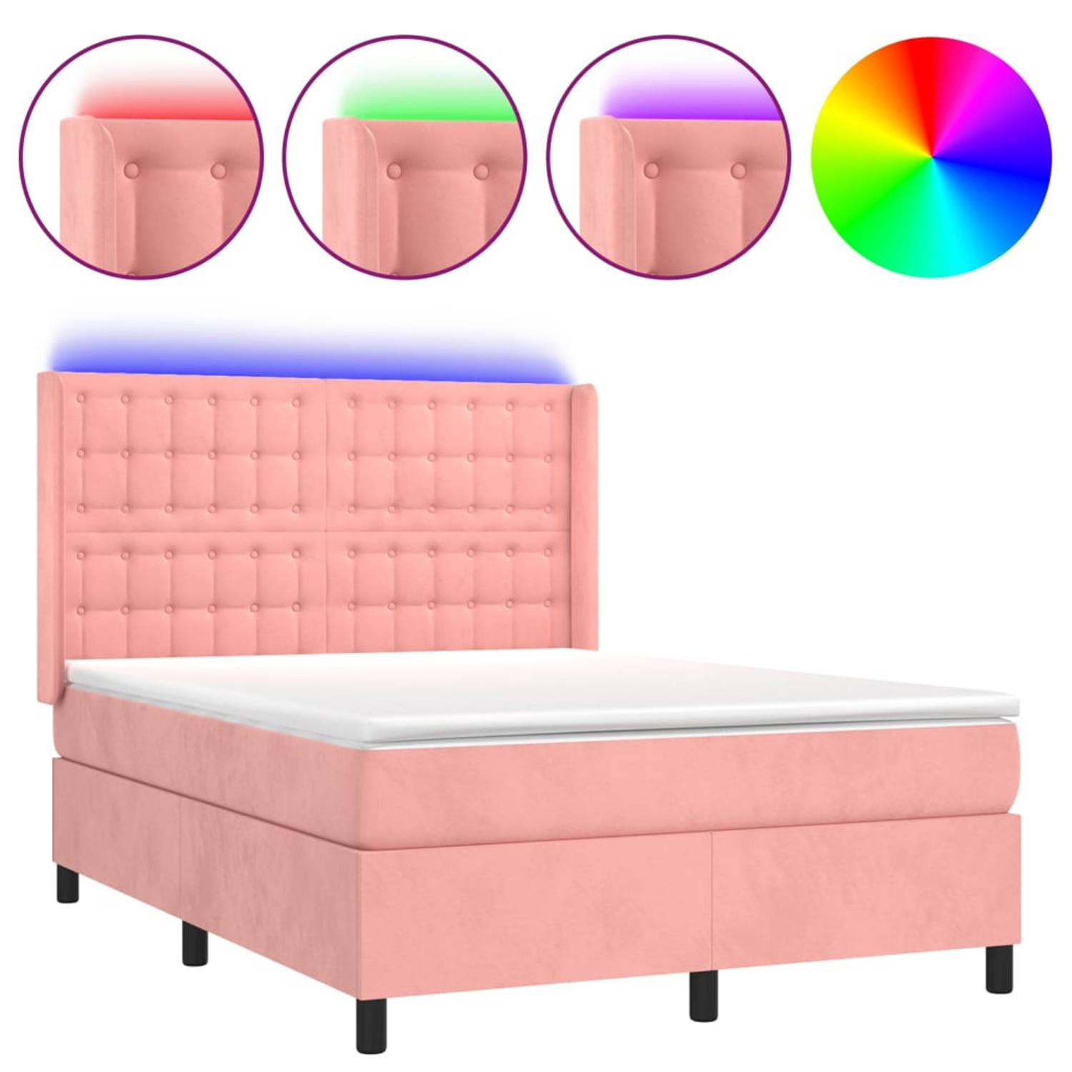 vidaXL Boxspring met matras en LED fluweel roze 140x190 cm