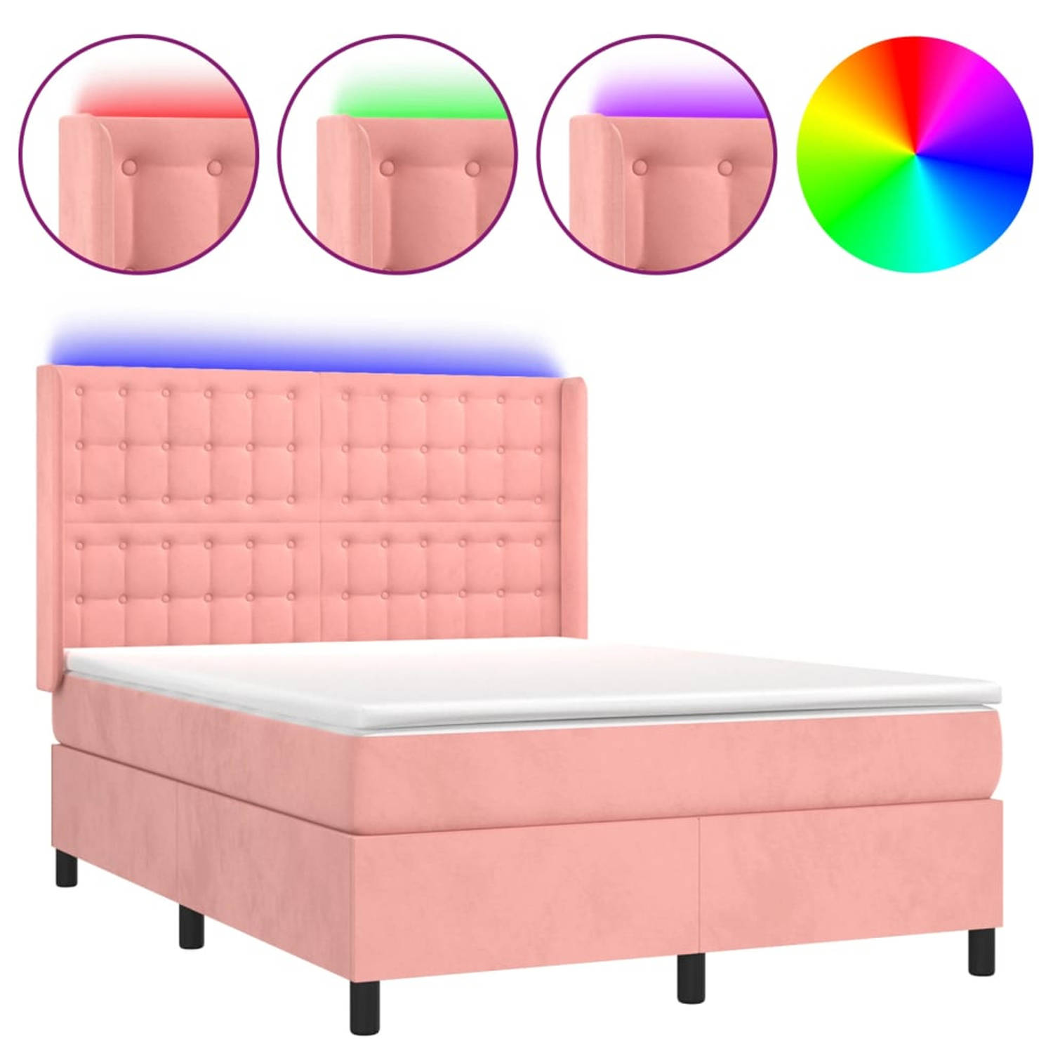 vidaXL Boxspring met matras en LED fluweel roze 140x200 cm