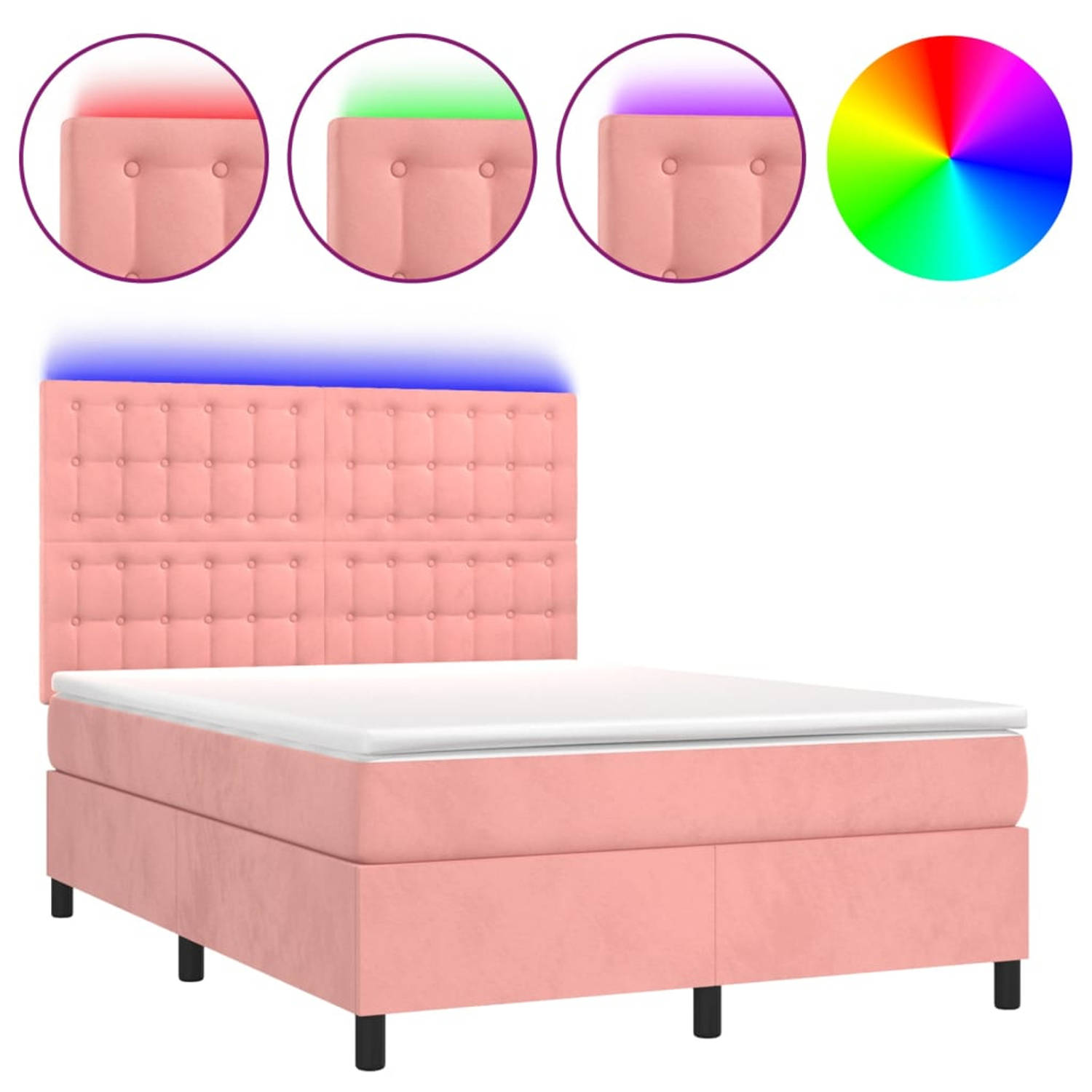 vidaXL Boxspring met matras en LED fluweel roze 140x190 cm