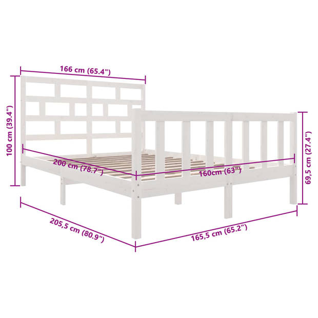 vidaXL Bedframe massief grenenhout wit 160x200 cm