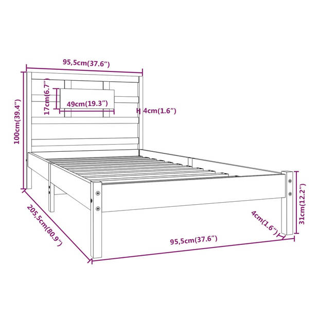 vidaXL Bedframe massief hout grijs 90x200 cm