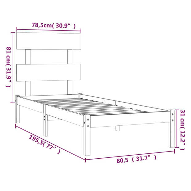 vidaXL Bedframe massief hout zwart 75x190 cm