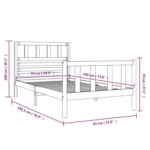 vidaXL Bedframe massief hout wit 75x190 cm