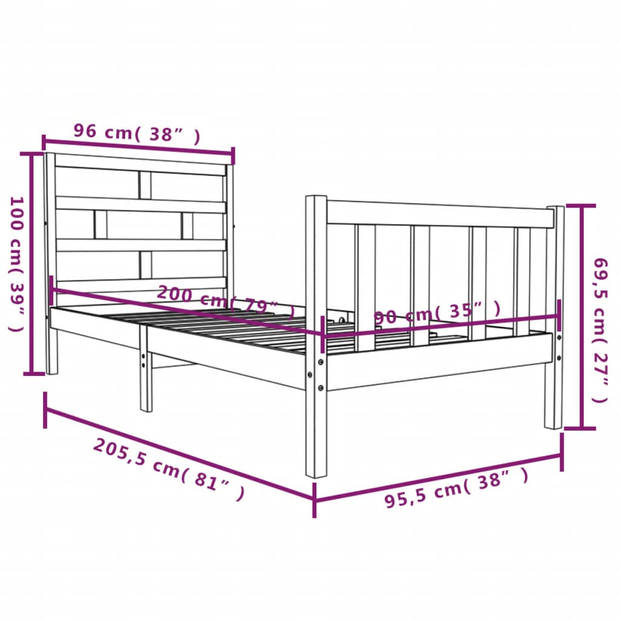 vidaXL Bedframe massief grenenhout wit 90x200 cm