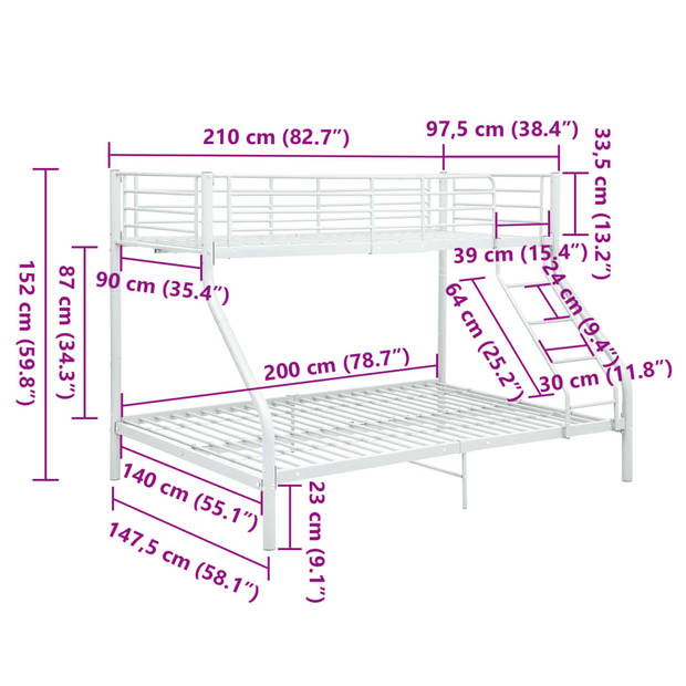 vidaXL Stapelbedframe metaal wit 140x200 cm/90x200 cm