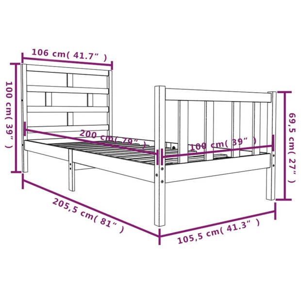 vidaXL Bedframe massief grenenhout zwart 100x200 cm