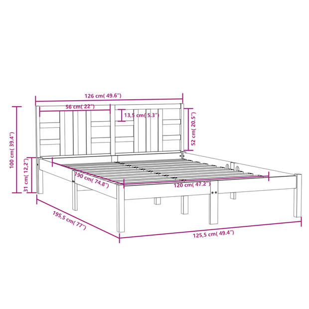 vidaXL Bedframe massief hout zwart 120x190 cm