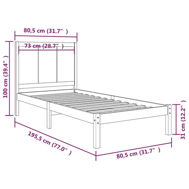 vidaXL Bedframe massief grenenhout zwart 75x190 cm