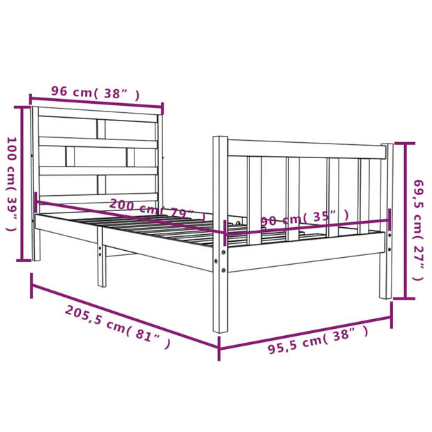 vidaXL Bedframe massief grenenhout zwart 90x200 cm