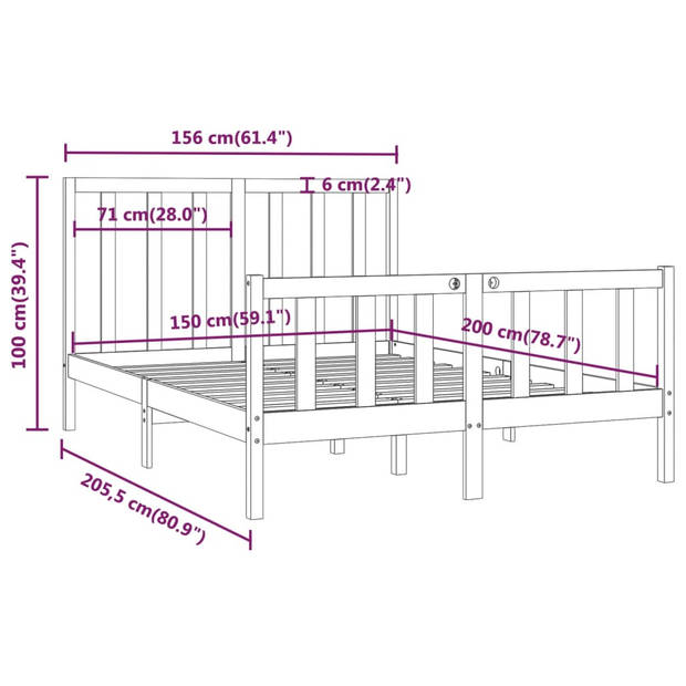 vidaXL Bedframe massief hout grijs 150x200 cm