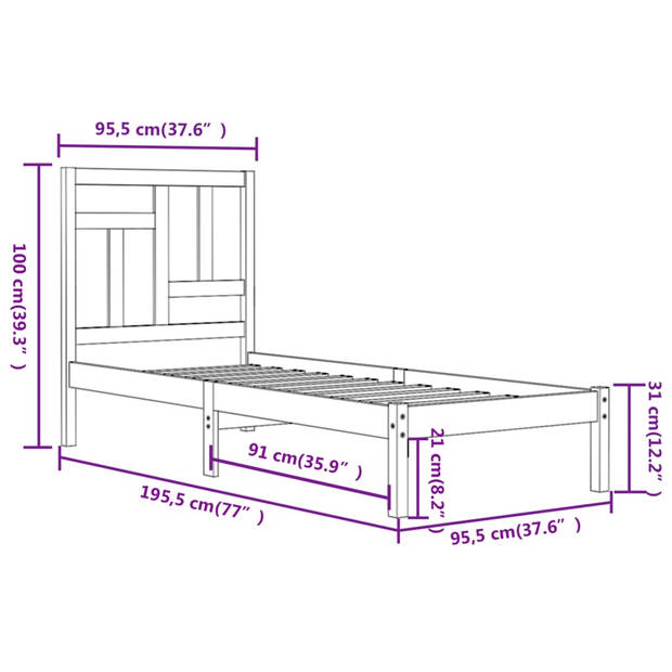 vidaXL Bedframe massief grenenhout zwart 90x190 cm