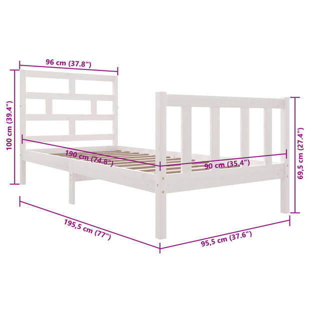 vidaXL Bedframe massief grenenhout wit 90x190 cm