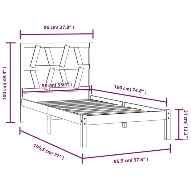 vidaXL Bedframe massief grenenhout zwart 90x190 cm