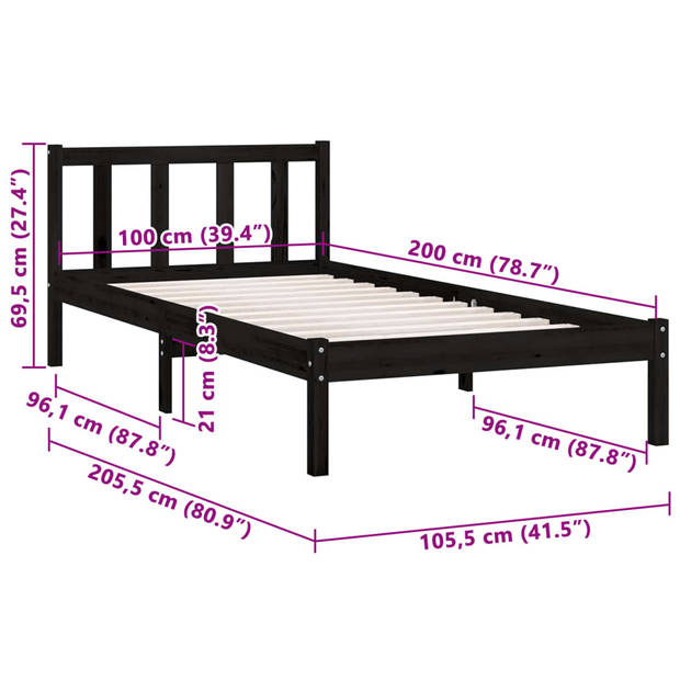 vidaXL Bedframe massief grenenhout zwart 100x200 cm