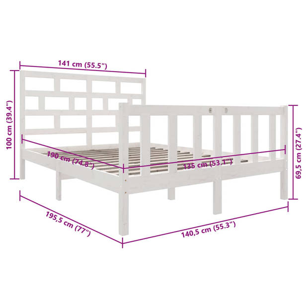 vidaXL Bedframe massief grenenhout wit 135x190 cm 4FT6 Double