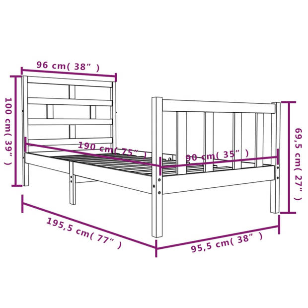 vidaXL Bedframe massief grenenhout zwart 90x190 cm