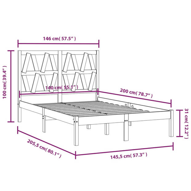 vidaXL Bedframe massief grenenhout zwart 140x200 cm