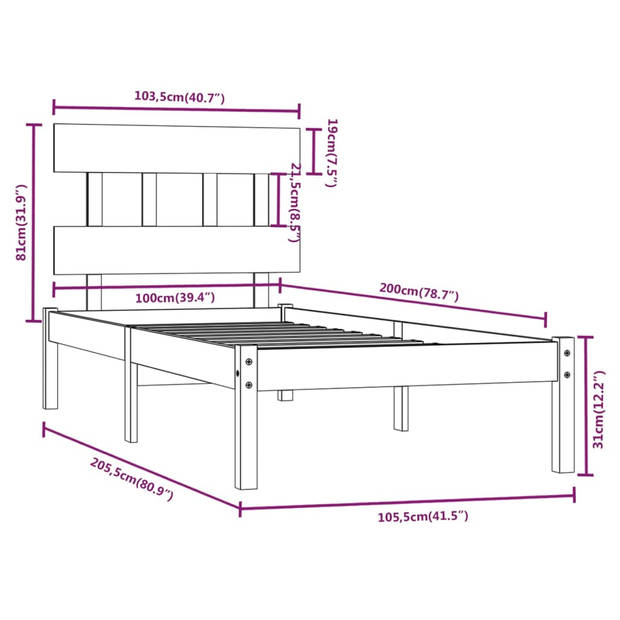 vidaXL Bedframe massief hout 100x200 cm