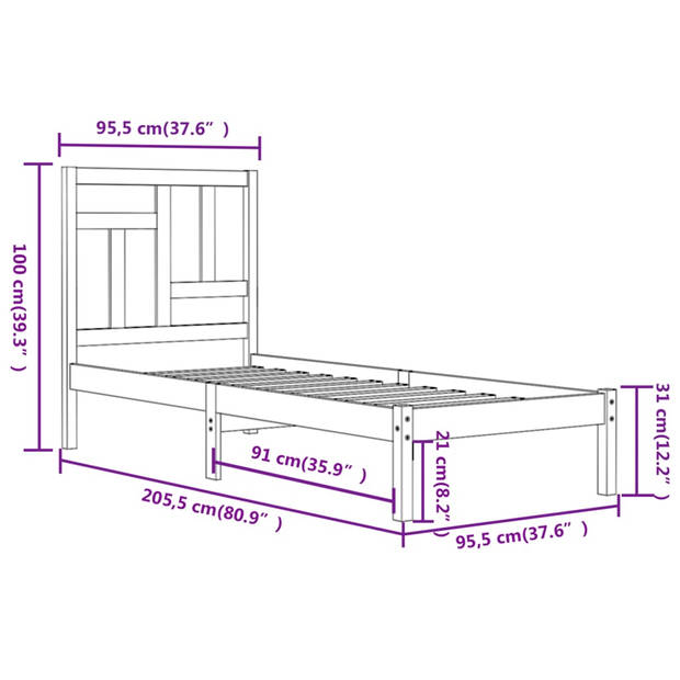 vidaXL Bedframe massief grenenhout grijs 90x200 cm