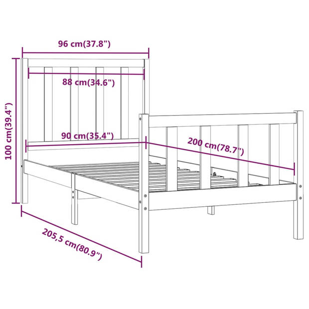 vidaXL Bedframe massief hout zwart 90x200 cm