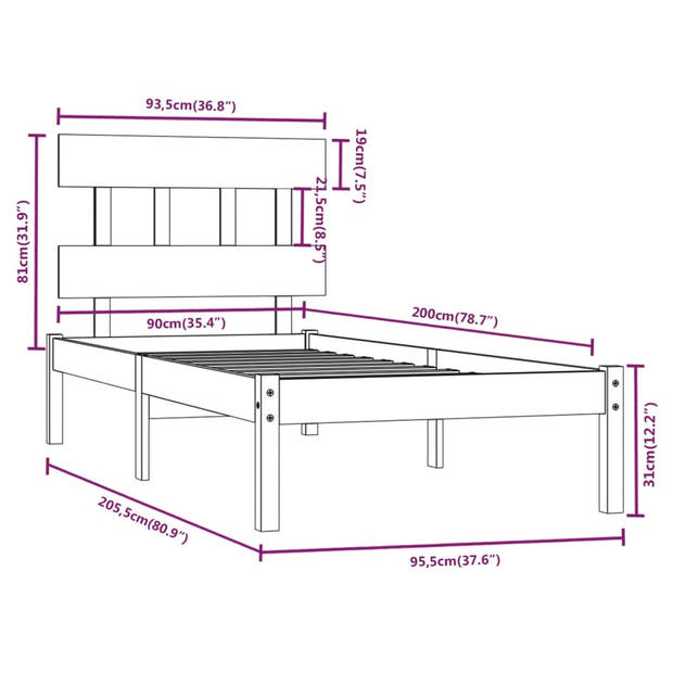 vidaXL Bedframe massief hout 90x200 cm