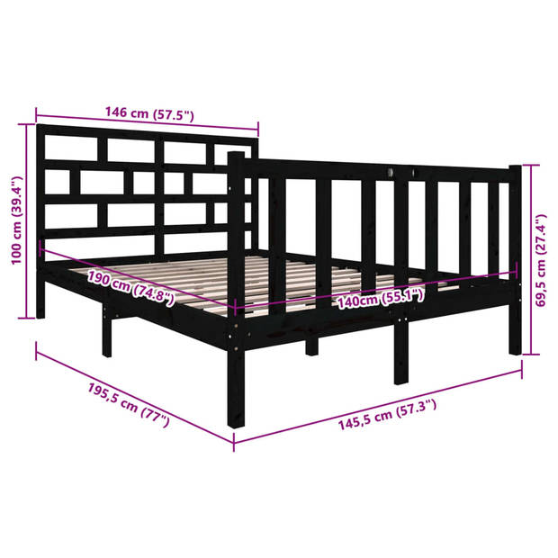 vidaXL Bedframe massief grenenhout zwart 140x190 cm