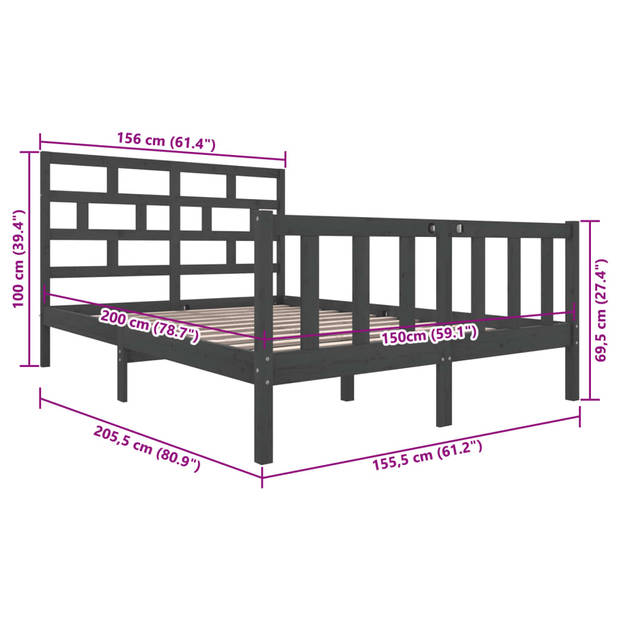 vidaXL Bedframe massief grenenhout grijs 150x200 cm