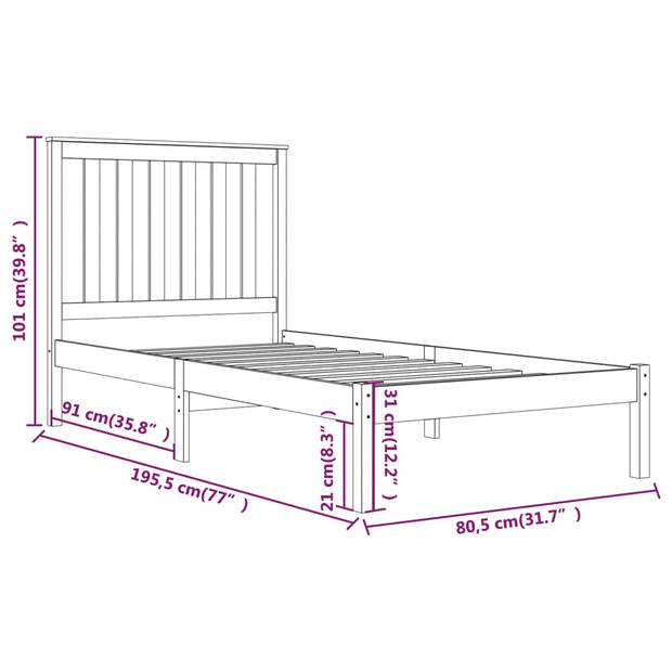 vidaXL Bedframe massief grenenhout wit 75x190 cm