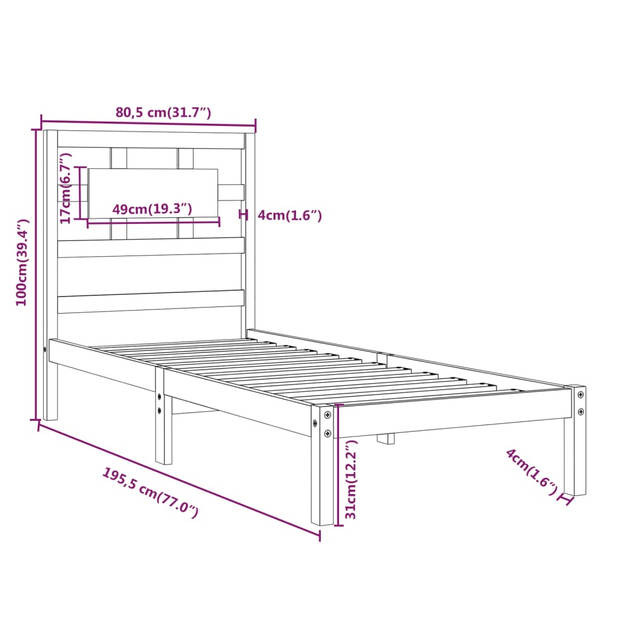 vidaXL Bedframe massief hout 75x190 cm