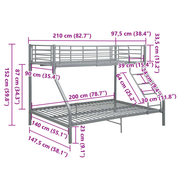 vidaXL Stapelbedframe metaal grijs 140x200 cm/90x200 cm