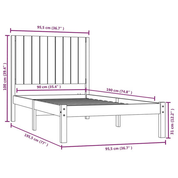 vidaXL Bedframe massief grenenhout zwart 90x190 cm