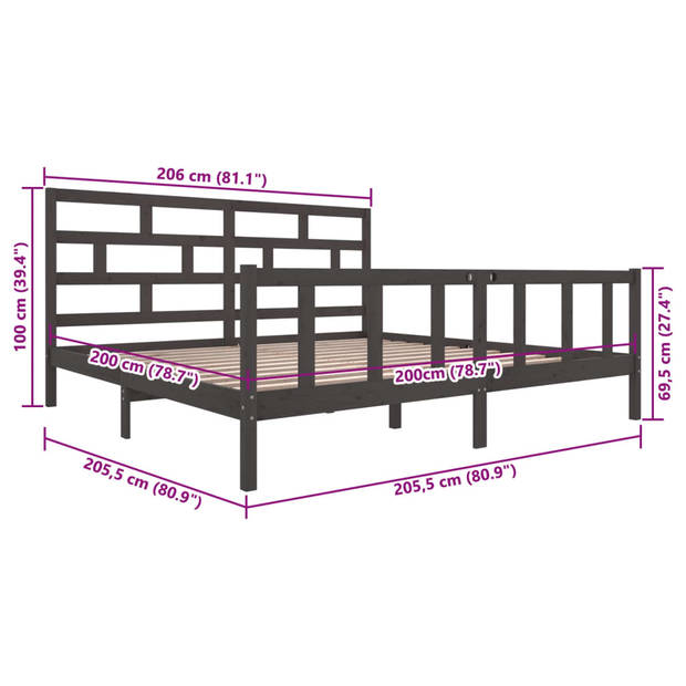 vidaXL Bedframe massief grenenhout grijs 200x200 cm