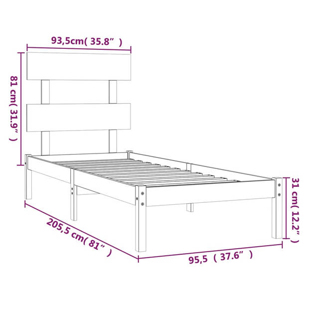 vidaXL Bedframe massief hout wit 90x200 cm