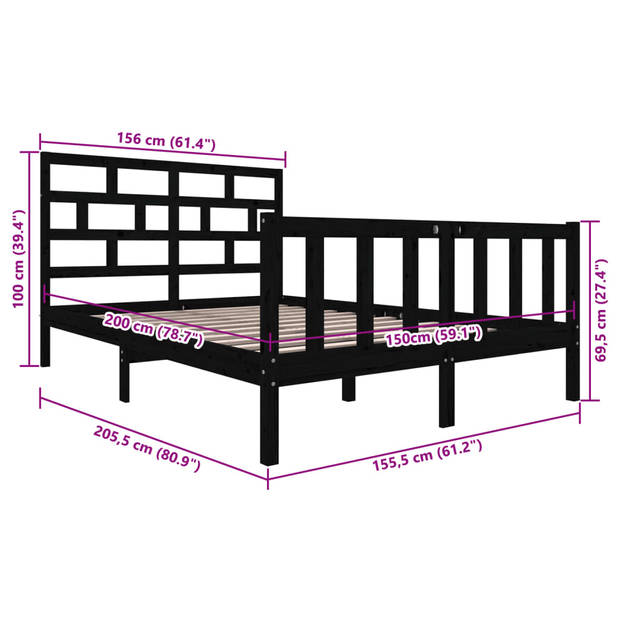 vidaXL Bedframe massief grenenhout zwart 150x200 cm