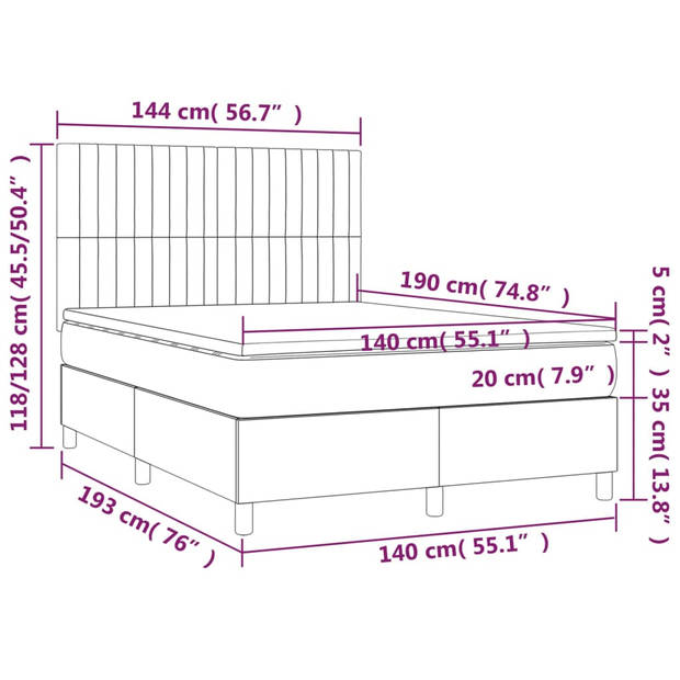 vidaXL Boxspring met matras en LED stof donkergrijs 140x190 cm