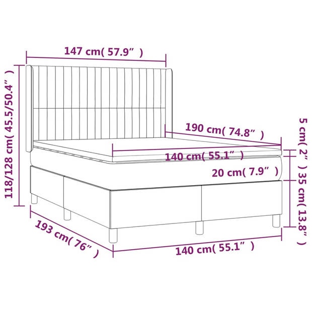 vidaXL Boxspring met matras en LED fluweel lichtgrijs 140x190 cm