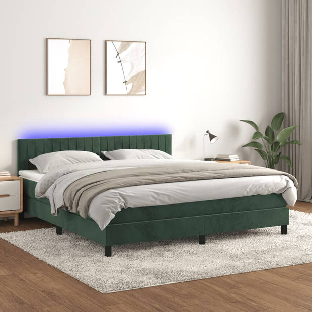 vidaXL Boxspring met matras en LED fluweel donkergroen 180x200 cm