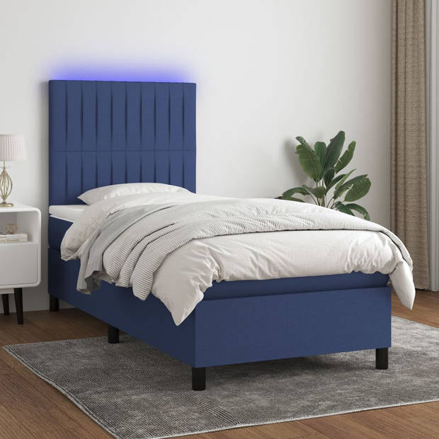 vidaXL Boxspring met matras en LED stof blauw 90x200 cm