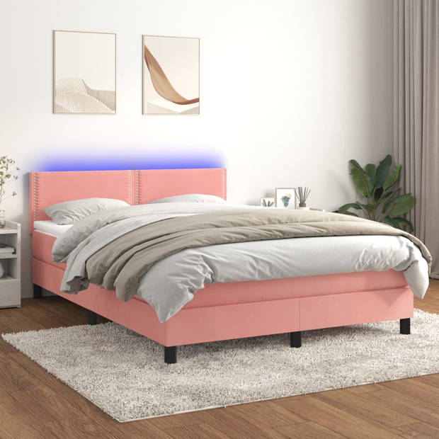 vidaXL Boxspring met matras en LED fluweel roze 140x190 cm