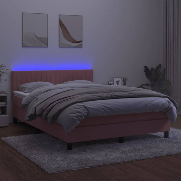 vidaXL Boxspring met matras en LED fluweel roze 140x200 cm